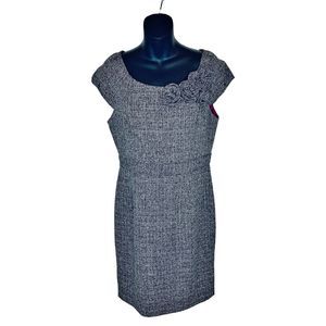 Muse Tweed Sheath Dress Rosettes Cap Sleeves Size 10 Gray Black White Career